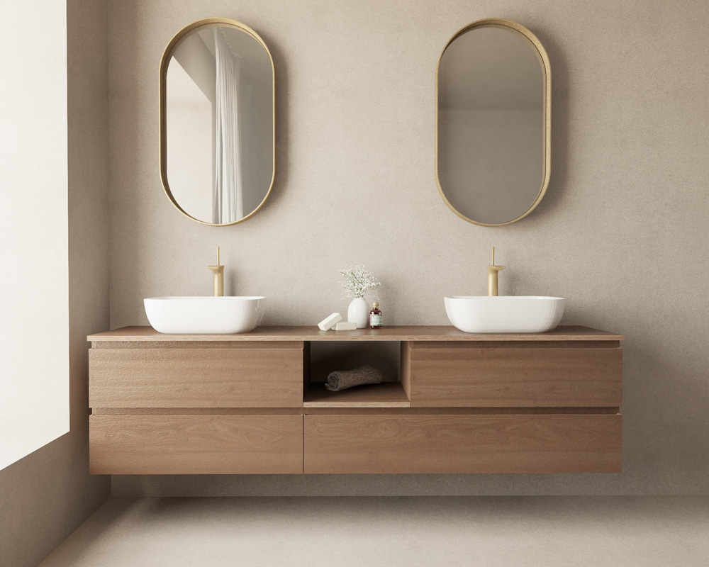 Más madera en el cuarto de baño con estos muebles y accesorios de madera  natural